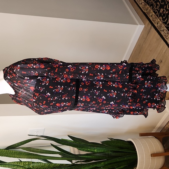 Lulus Dress Floral Black Long Sleeve Mini Sheer Pleated Ruffle A Line Sz M - Picture 7 of 16